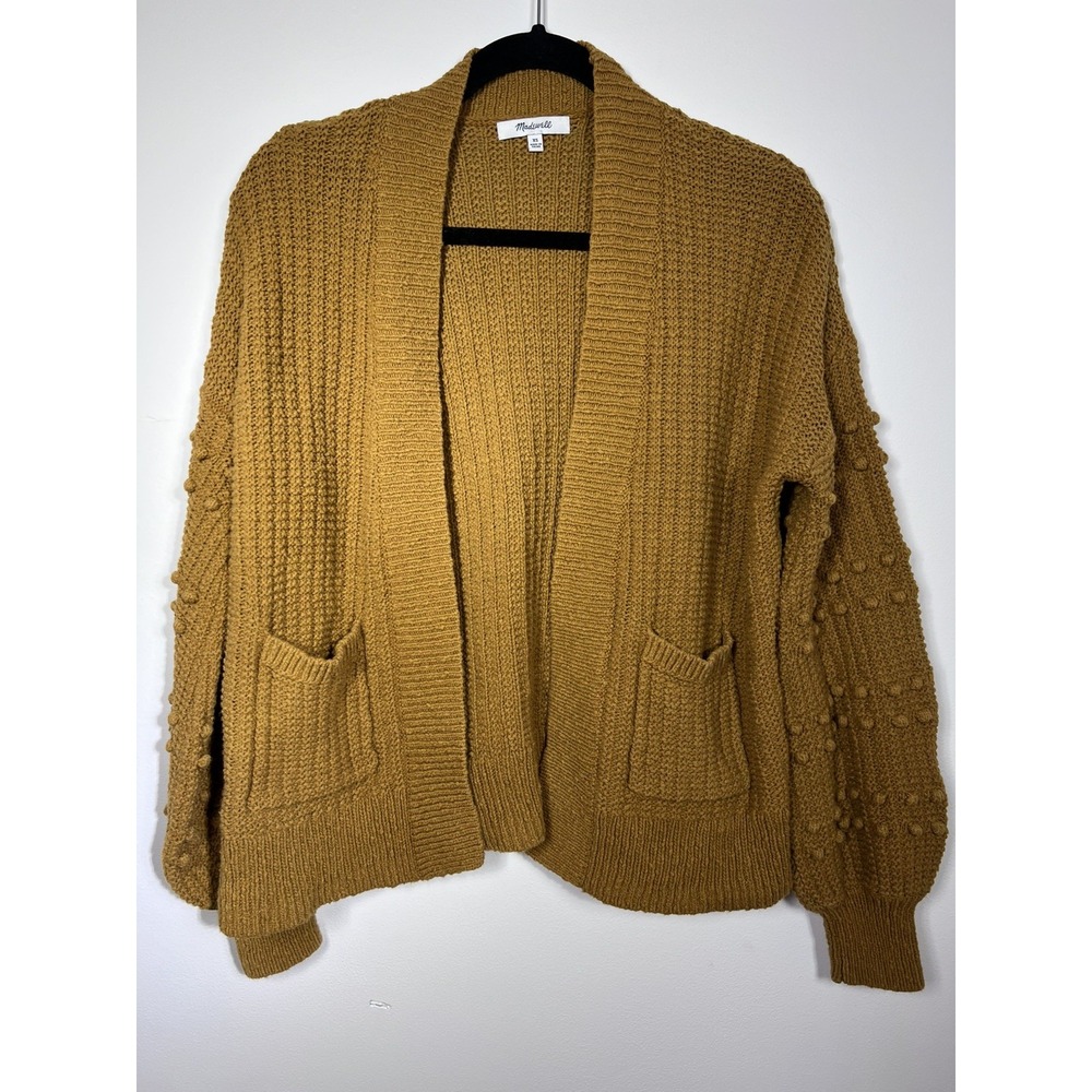 Madewell Bobble Sleeve Cardigan XS Mustard 100% Cotton Chunky Knit Boho